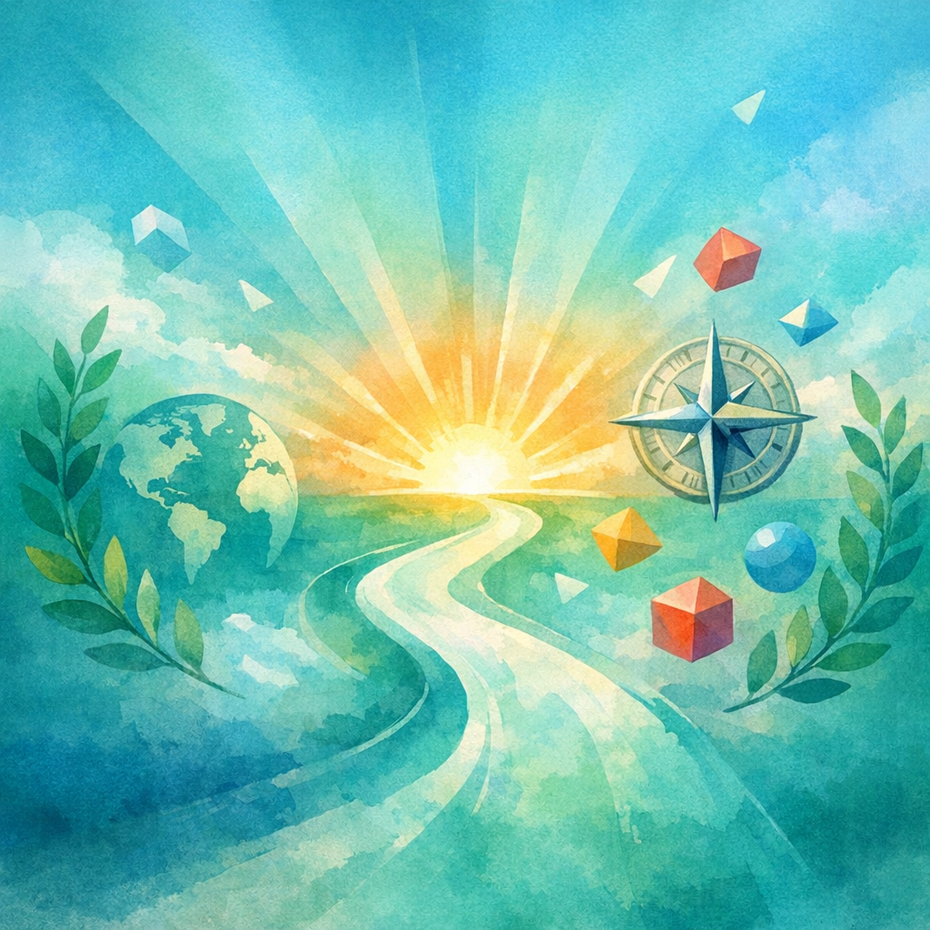 Ilustración abstracta que representa la visión educativa: horizonte con sol naciente, camino hacia la luz, globo terráqueo y brújula